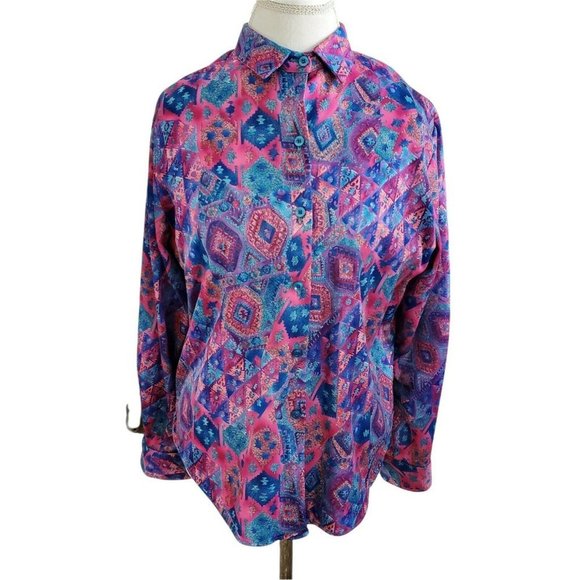 Vintage 80s Geometric Southwest Shirt Longsleeve Blouse Button Up‎ Polyester M/L - Picture 1 of 9